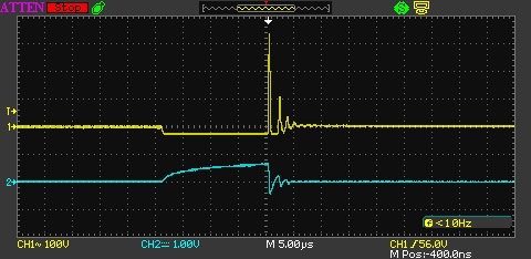 Желтый - сток, синий - ток через  транзистор